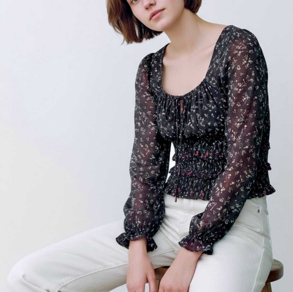 Free People Lolita Top Tiered Smocked Ruffle Raw Hem Drawstring Tie Long Sleeve - Picture 2 of 12